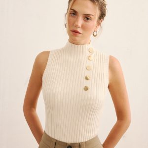 Metal Detail Ribbed Knit Mock Neck Tank Top