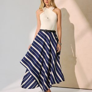 Diagonal Stripe Asymmetric Midi Skirt without Belt