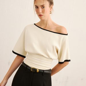 Contrast Trim Cinched Waist Knit Top