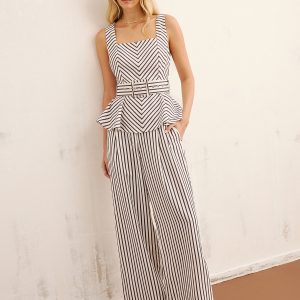 Striped Peplum Top & Wide-Leg Pants Set