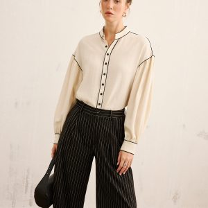 Contrast Piping Mandarin Collar Blouse