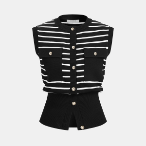 Striped Button-Front Sleeveless Knit Cardigan