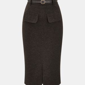 Faux Cashmere Belted Slit Pencil Skirt