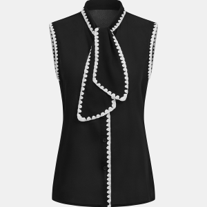 Scalloped Trim Tie-Neck Sleeveless Blouse
