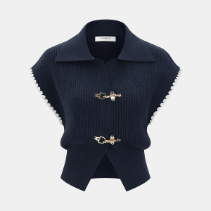 Metal Clasp Contrast Trim Collared Knit Vest