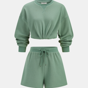 Waffle Knit Sweatshirt & Drawstring Shorts Set