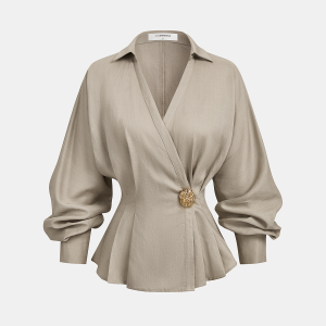 Linen Blend Balloon Sleeve Wrap Blouse