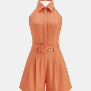 Halter Collared Backless Belted Romper