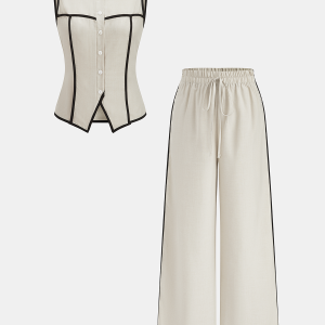Contrast Piping Vest & Wide-Leg Pants Set