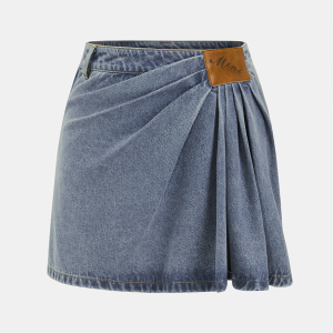 Asymmetric Pleated Denim Mini Skirt