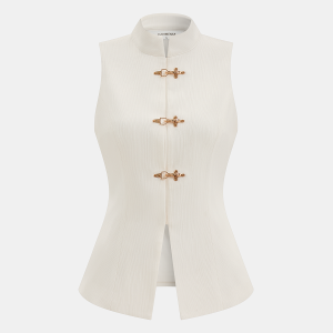 Mandarin Collar Metal Clasp Fitted Vest
