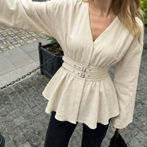 Cotton Blend Double-Buckle Peplum Blouse
