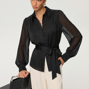 Sheer Long Sleeve Tie-Waist Satin Shirt