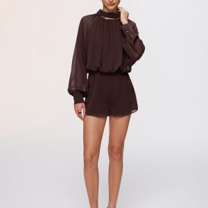 Semi-Sheer Chiffon Lantern Sleeve Romper