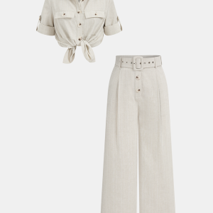 Cotton Linen Knotted Shirt & Belted Pants Set