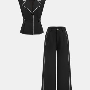 Contrast Trim Blazer Vest & Pants Set