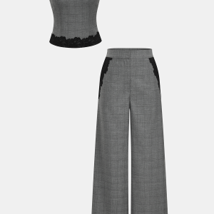 Plaid Lace Trim Strapless Top & Pants Set
