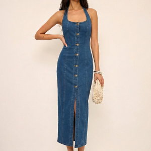 Denim Halter Button Front Maxi Dress