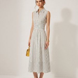 Striped Collared Sleeveless Tie Waist Midi Dress