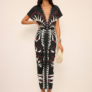 Geometric Print Deep V-Neck Midi Dress