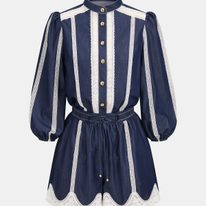 Lace Panel Faux Denim Shirt & Shorts Set