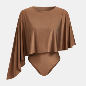 Asymmetric Cape Sleeve Slinky Knit Bodysuit
