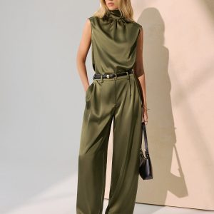 Satin Sleeveless Top & Wide-Leg Pants Set without Belt