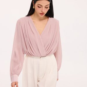Pleated Deep V-Neck Long Sleeve Bodysuit