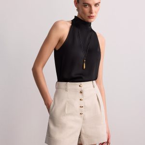 Metal Button Cotton Linen Cuffed Shorts