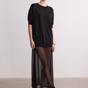Short Sleeve Sheer Hem Knit Maxi Dress