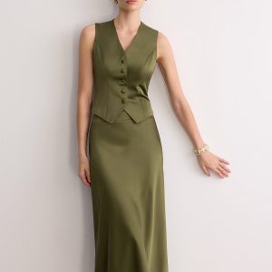Sleeveless Satin Vest & Maxi Skirt Set