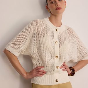 Metal Button Openwork Knit Cardigan
