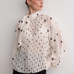 Bow Neck Pleated Polka Dot Blouse