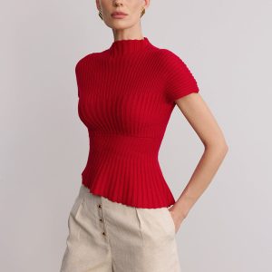 Wool Blend Ribbed Mock Neck Knit Top