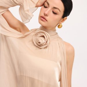 3D Rose Halter Neck Bell Sleeve Sheer Blouse