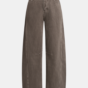 Distressed Denim Curved-Leg Pants