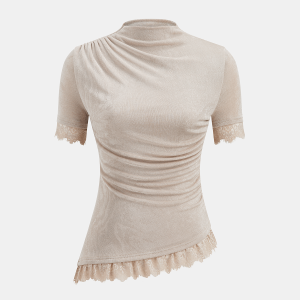 Mock Neck Ruched Lace Trim Top