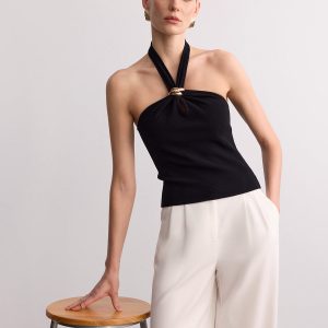 Ring Detail Ribbed Knit Halter Top