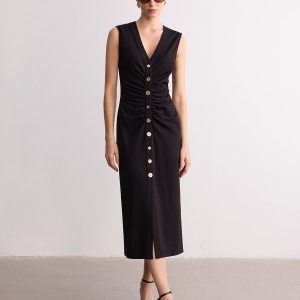 Sleeveless V-Neck Ruched Button-Front Midi Dress