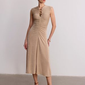 Metal Detail Sleeveless Ruched Maxi Dress