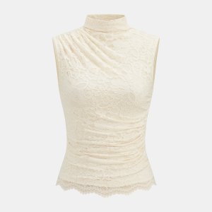 Ruched High Neck Lace Sleeveless Blouse