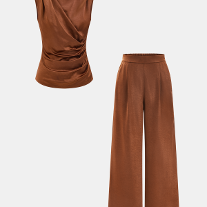 Satin Ruched Top & Wide Leg Pants Set