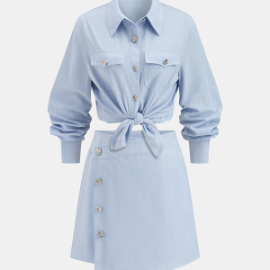 Cotton Knot-Front Shirt & Asymmetrical Skirt Set