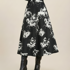 Ink Horse Print A-Line Midi Skirt