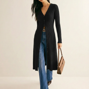 Long Sleeve Rib Knit Button Down Midi Dress
