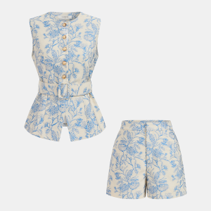 Belted Floral Jacquard Vest & Shorts Set