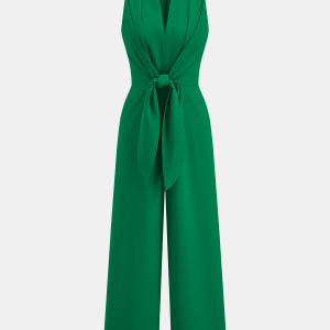 Sleeveless V-Neck Tie Waist Wide-Leg Jumpsuit