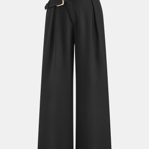 High Waisted Buckle Detail Wide Leg Pants