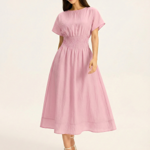 Short Sleeve Smocked Waist Midi Dress