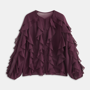 Semi-Sheer Chiffon Ruffled Long-Sleeve Blouse